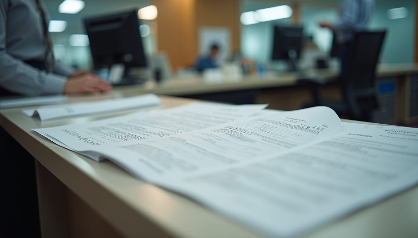Eye-level view of a bank teller desk with corporate documents neatly arranged