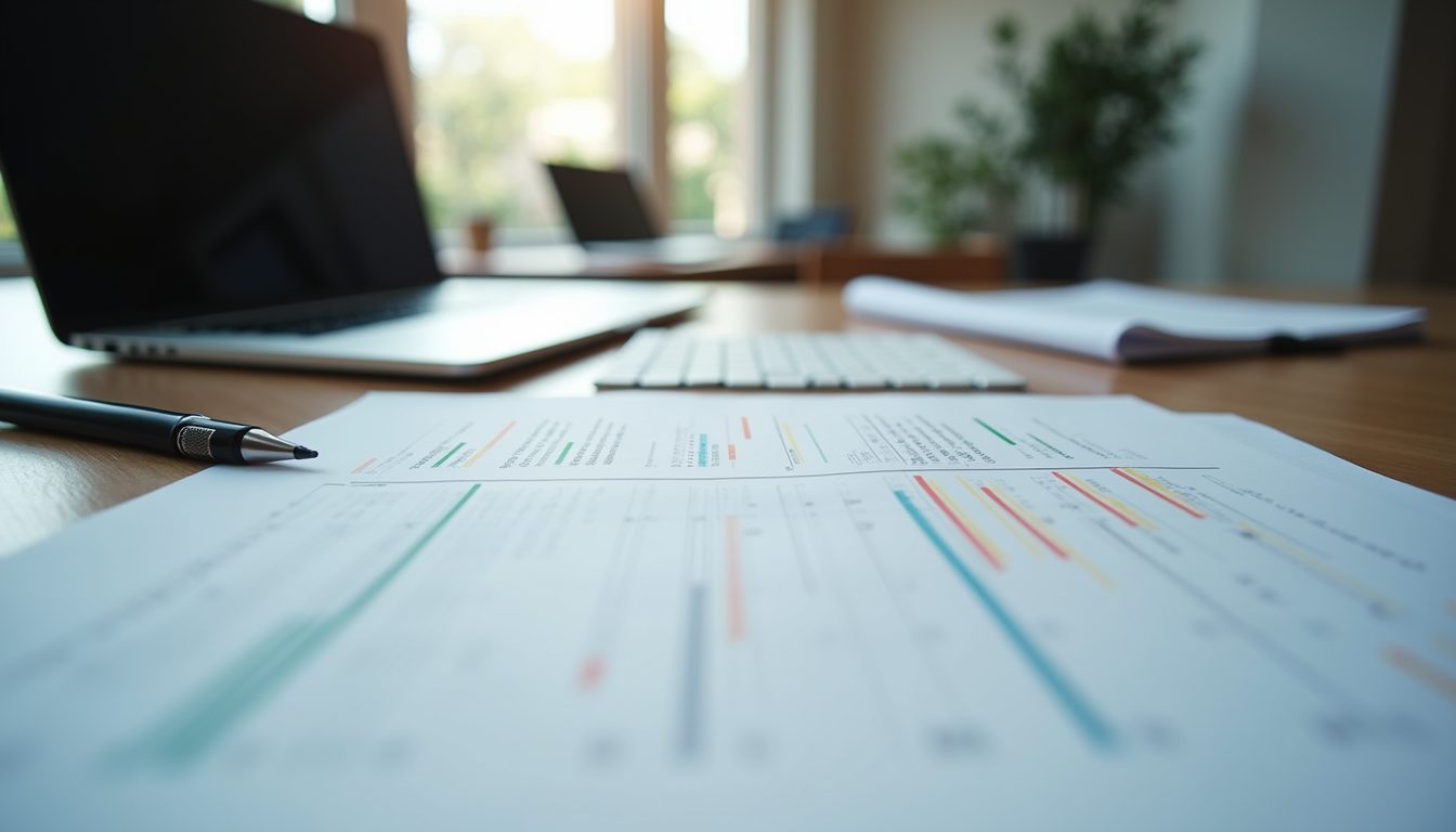 Close-up view of business documents and a laptop on a desk