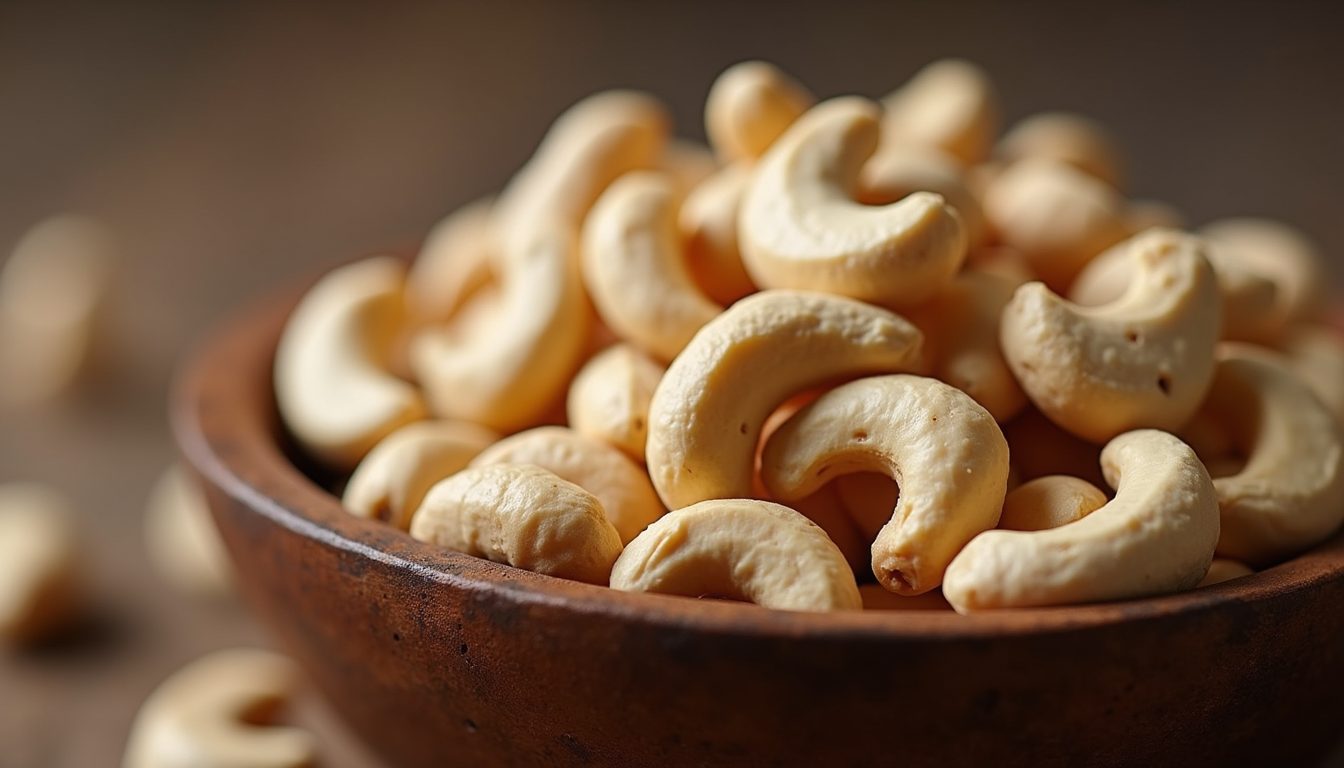 Close-up view of raw Tanzanian cashew nuts in a wooden bowl