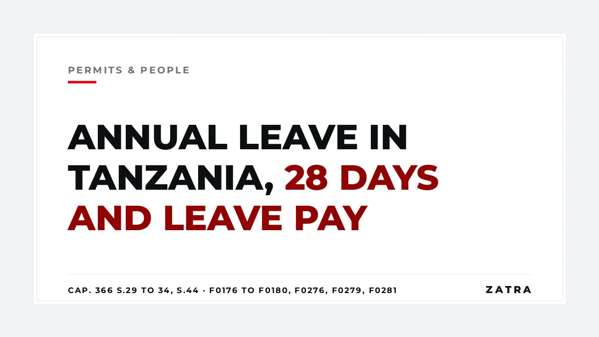 Cover: annual leave entitlements in Tanzania, 28 days under ELRA Cap. 366 s.31, leave pay taxed under F0176 to F0180