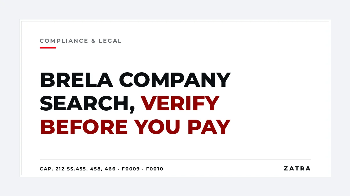 Cover: BRELA company search in Tanzania, from the free ORS search to the official search report, with the fee lines F0009 and F0010