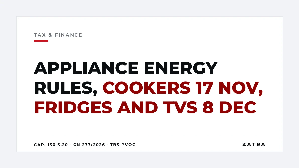 Cover: compulsory energy efficiency standards in Mainland Tanzania, with cookers from 17 November 2026 and refrigerators, televisions, fans, motors and air conditioners from 8 December 2026