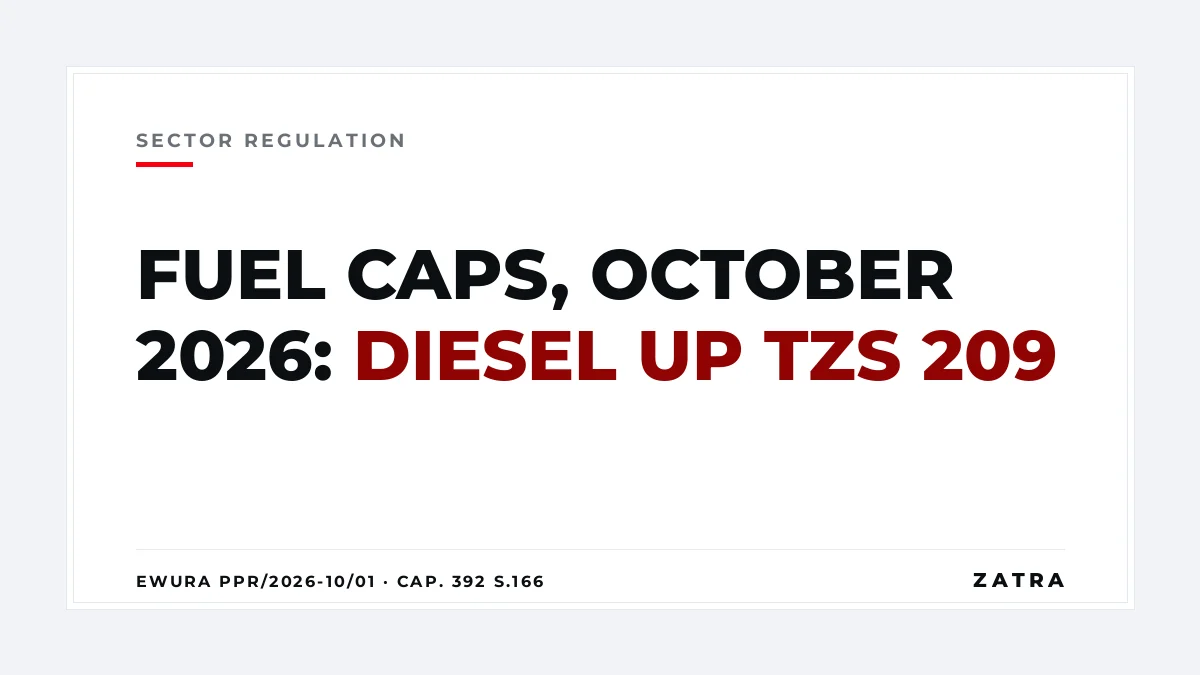 Cover: EWURA fuel cap prices for October 2026, diesel TZS 4,086 a litre in Dar es Salaam under notice PPR/2026 - 10/01