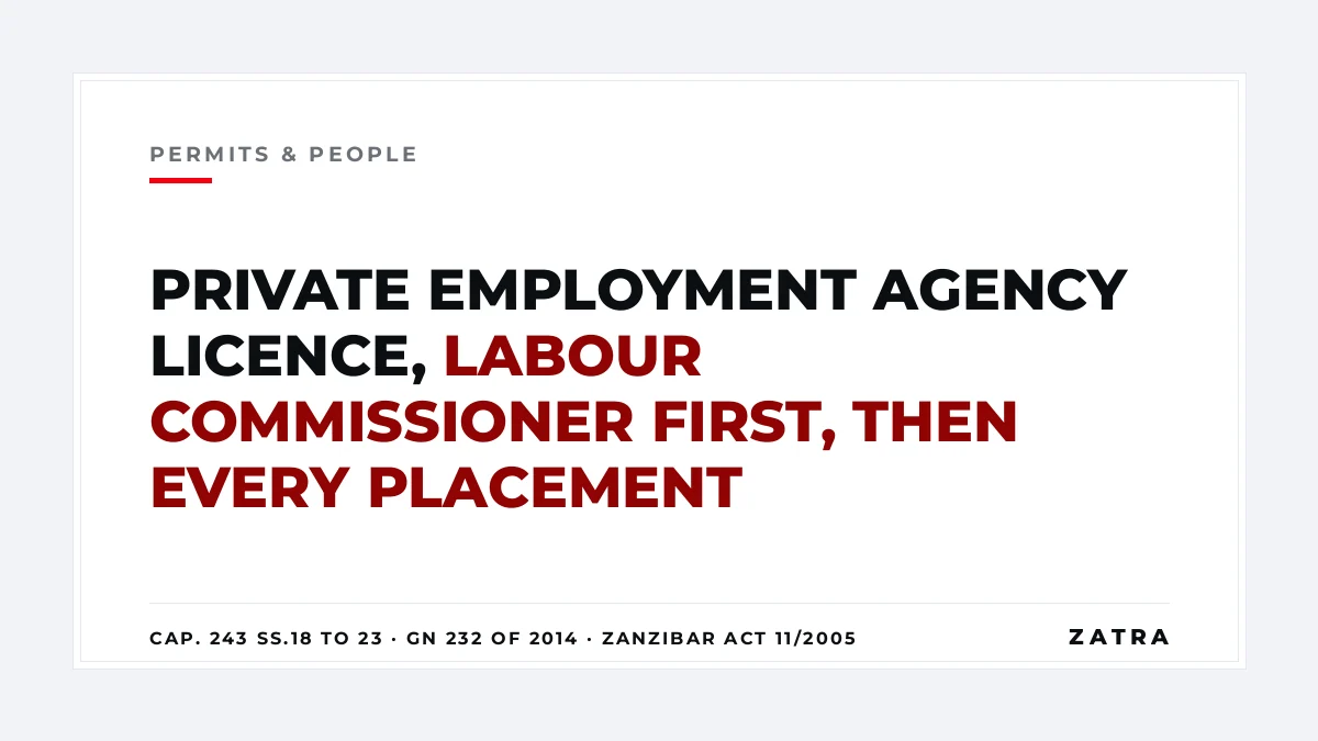 Cover: private employment agency licence in Tanzania under the National Employment Promotion Service Act Cap. 243 and GN 232 of 2014, with the Zanzibar Employment Act 2005