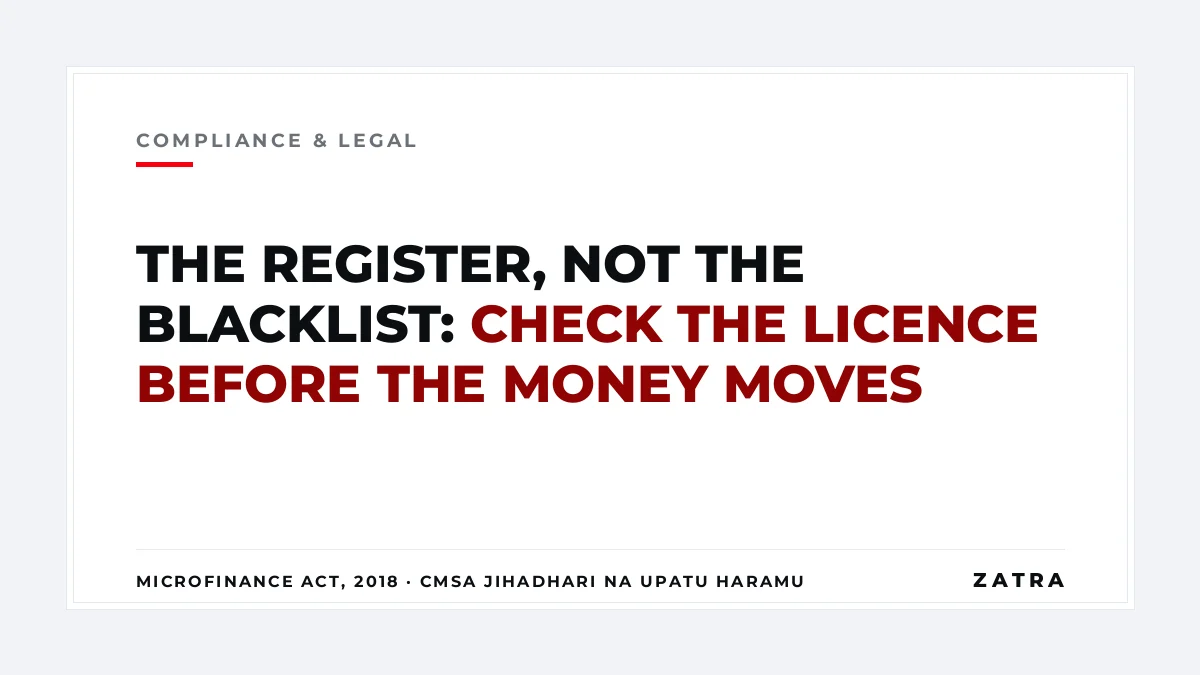 Cover: checking a licence on the regulator’s own register before money moves — Microfinance Act 2018 and CMSA standing guidance on illegal pyramid schemes