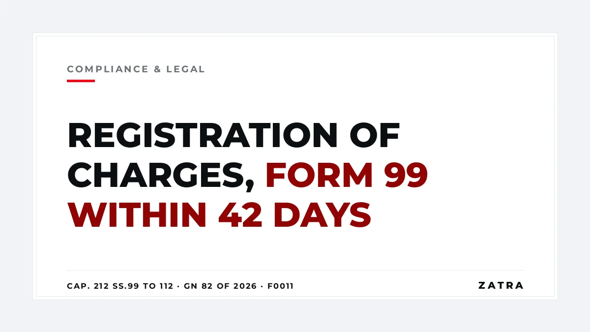 Cover: registration of charges in Tanzania, BRELA Form 99 within 42 days under Companies Act Cap. 212 sections 99 to 112