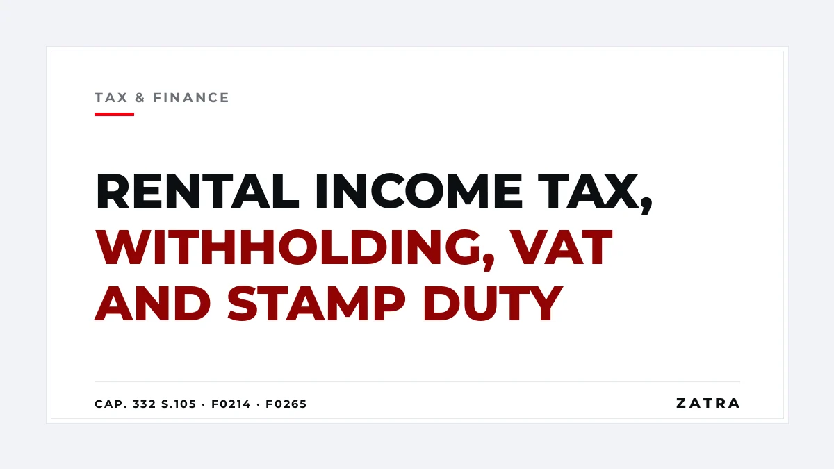Cover: rental income tax Tanzania, 10 percent withholding on rent for land and buildings, register F0214, with stamp duty F0265 and property rates F0282
