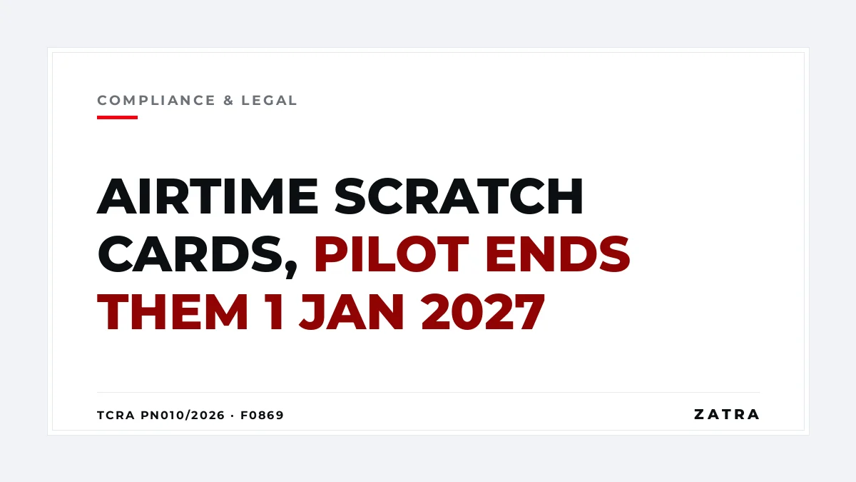 Cover: scratch cards Tanzania, TCRA notice PN010/2026 starts a pilot phase-out of airtime vouchers on 1 January 2027 in Dar es Salaam, Dodoma, Arusha, Mwanza and Mbeya