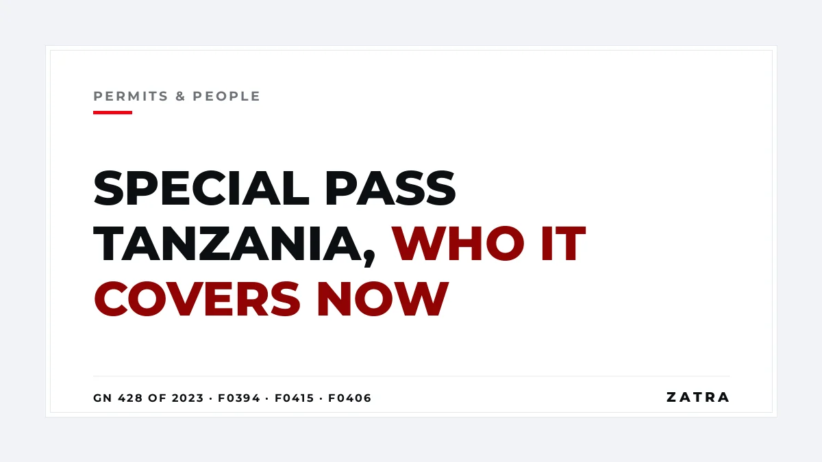Cover: special pass Tanzania, interim pass and EAC special pass under GN 428 of 2023, compared with the business visa F0394