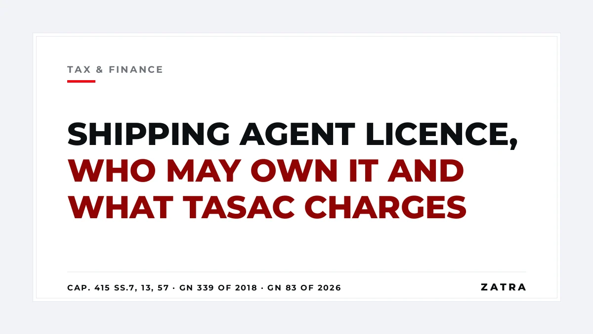 Cover: the TASAC shipping agent licence in Mainland Tanzania under section 13 of the Tanzania Shipping Agencies Act, Cap. 415, with fees, ownership limits and the clearing fee floor