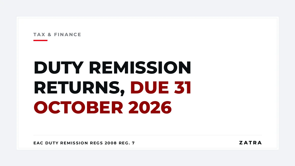 Cover: TRA duty remission quarterly returns for manufacturers, first quarter 2026/27 due 31 October 2026 under the EAC Duty Remission Regulations, 2008