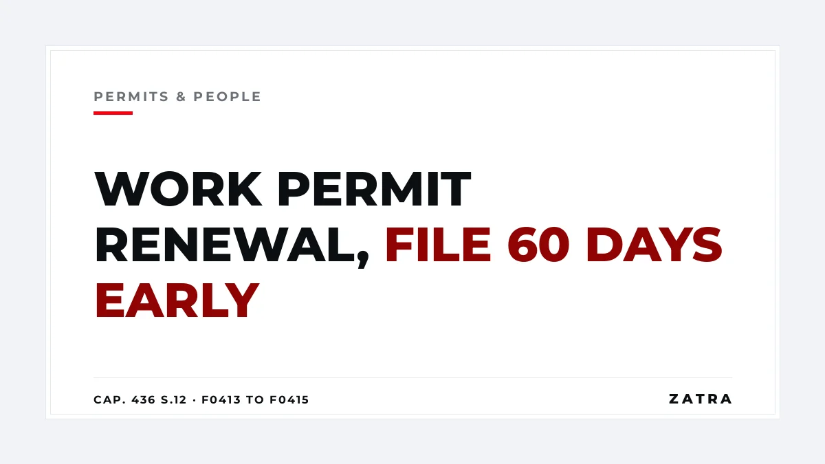 Cover: work permit renewal in Tanzania, file 60 days before expiry under Cap. 436, fees F0413 to F0415