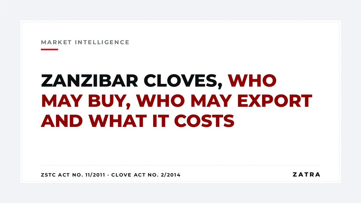 Cover: the Zanzibar clove trade under the ZSTC Act 2011 and the Clove Development Act 2014, with export desks and the Mainland clove market