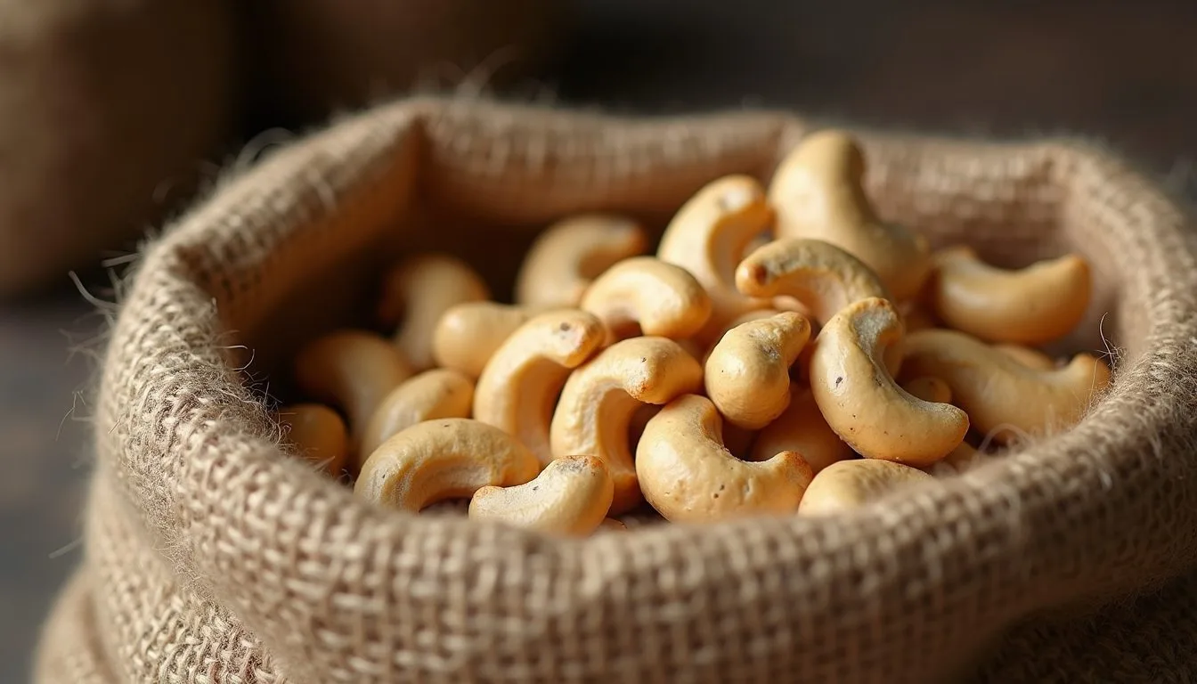 Cashew sacks at a processor — the crop file is plant identity and kernel grade, not a TMX bid